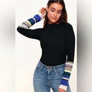 Free People Black Cowl Neck Colorful Sleeve Cuff‎ M Boho Eclectic Cozy-Modern